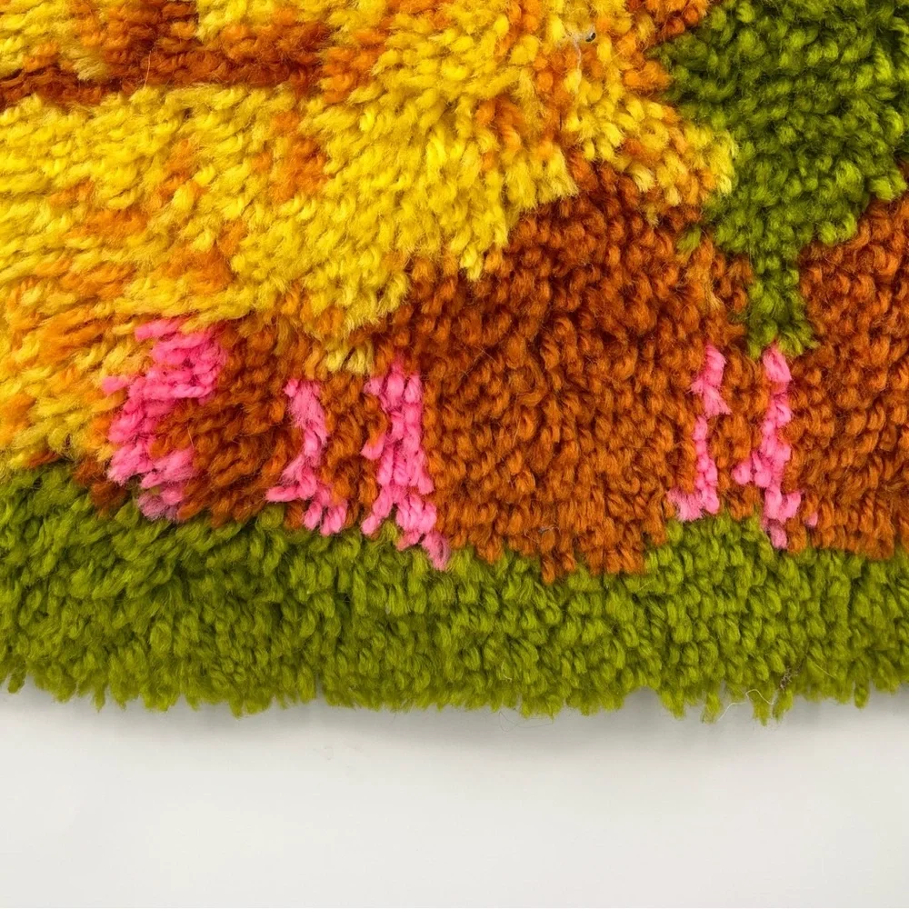 Vintage 80s Latch-Hook Yarn Tapestry Sesame Street big bird yellow green grass